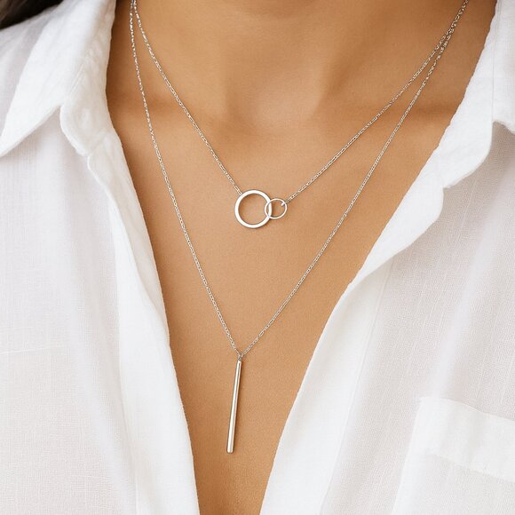 Sterling Silver Layered Necklace Set • Interlocking Circles Necklace - Picture 3 of 5